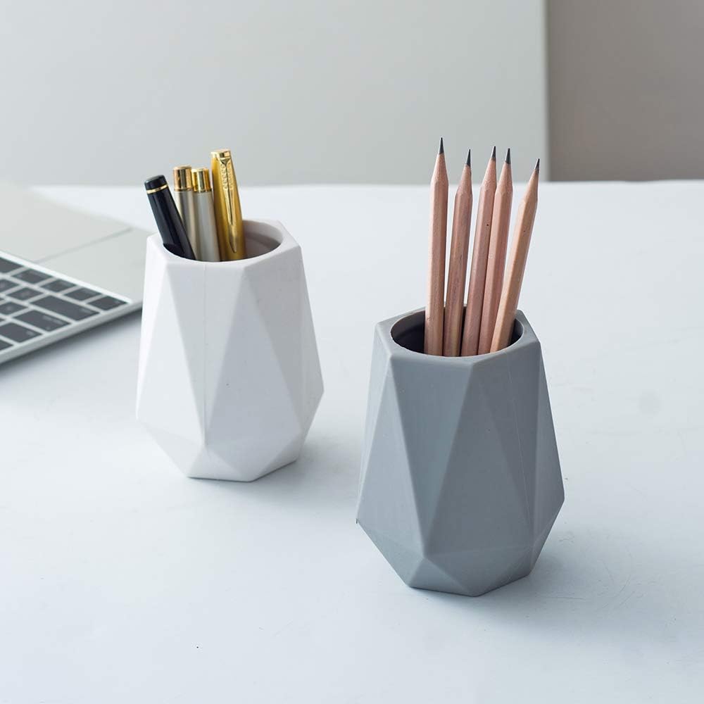 Silicone Pen Holder Stand for Desk Cute Geometric Desk Pencil Cup Pot Desktop Organizer Makeup Brush Holder (White)