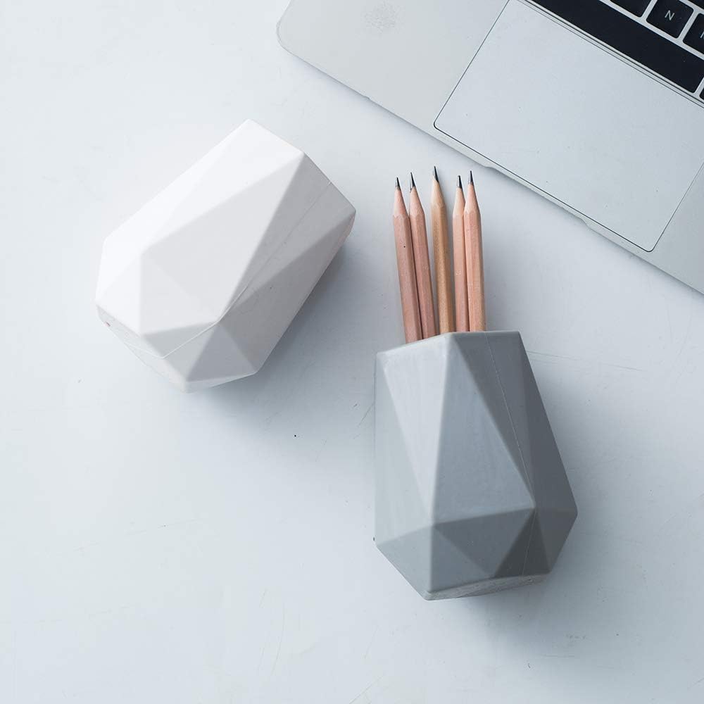 Silicone Pen Holder Stand for Desk Cute Geometric Desk Pencil Cup Pot Desktop Organizer Makeup Brush Holder (White)