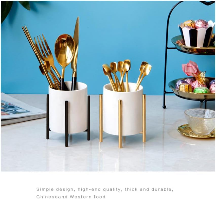 Gold pencil cup Sturdy metal frame with white ceramic pen holder For desks and kitchen appliance holders
