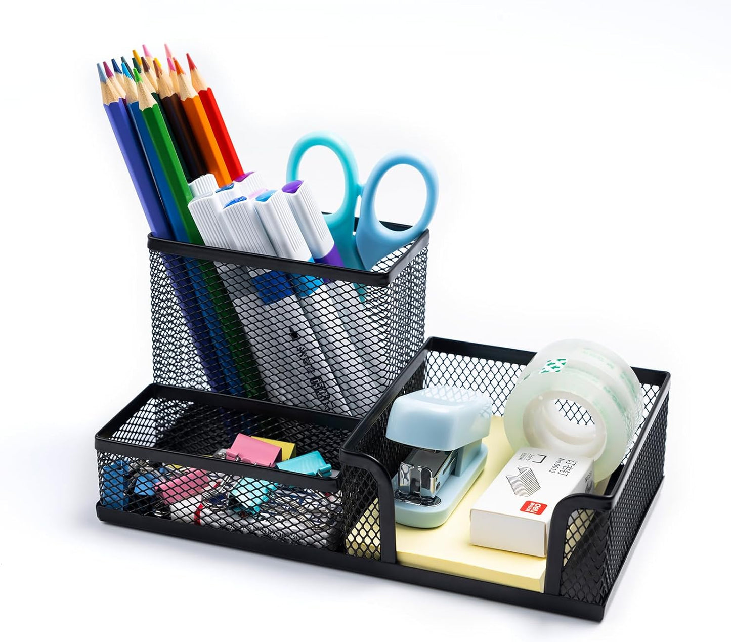Mesh Pen Holder Desktop Organizers Pencil Holder for Desk Black 3 Compartments Metal Office Supply Organizer with Sticky Notes Holder forOffice Desk Accessories