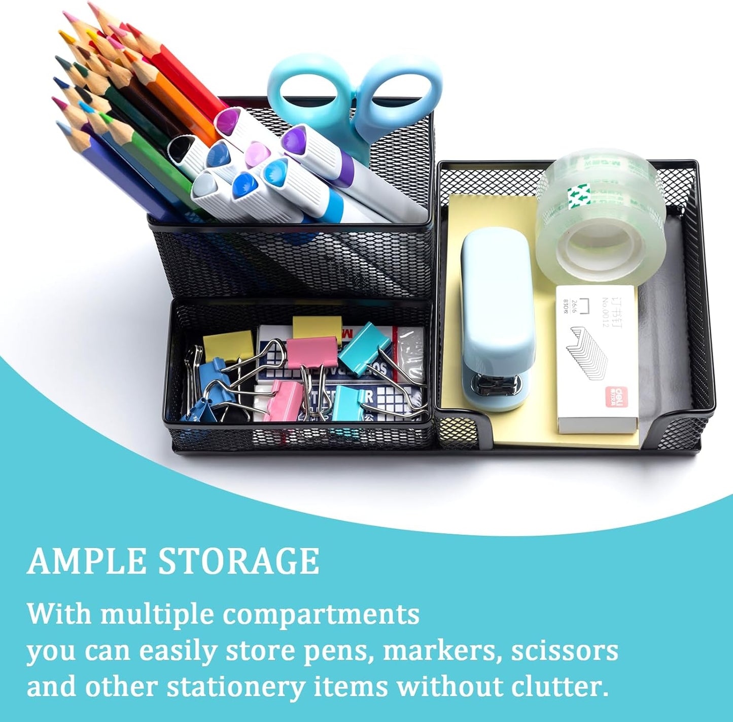 Mesh Pen Holder Desktop Organizers Pencil Holder for Desk Black 3 Compartments Metal Office Supply Organizer with Sticky Notes Holder forOffice Desk Accessories