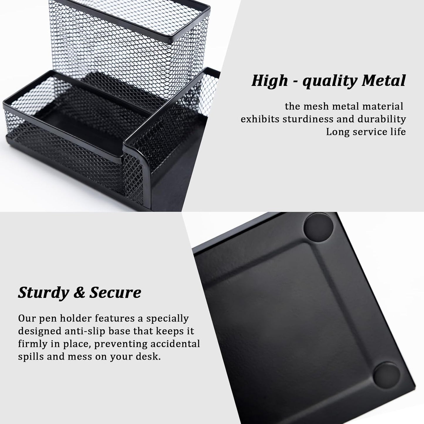 Mesh Pen Holder Desktop Organizers Pencil Holder for Desk Black 3 Compartments Metal Office Supply Organizer with Sticky Notes Holder forOffice Desk Accessories