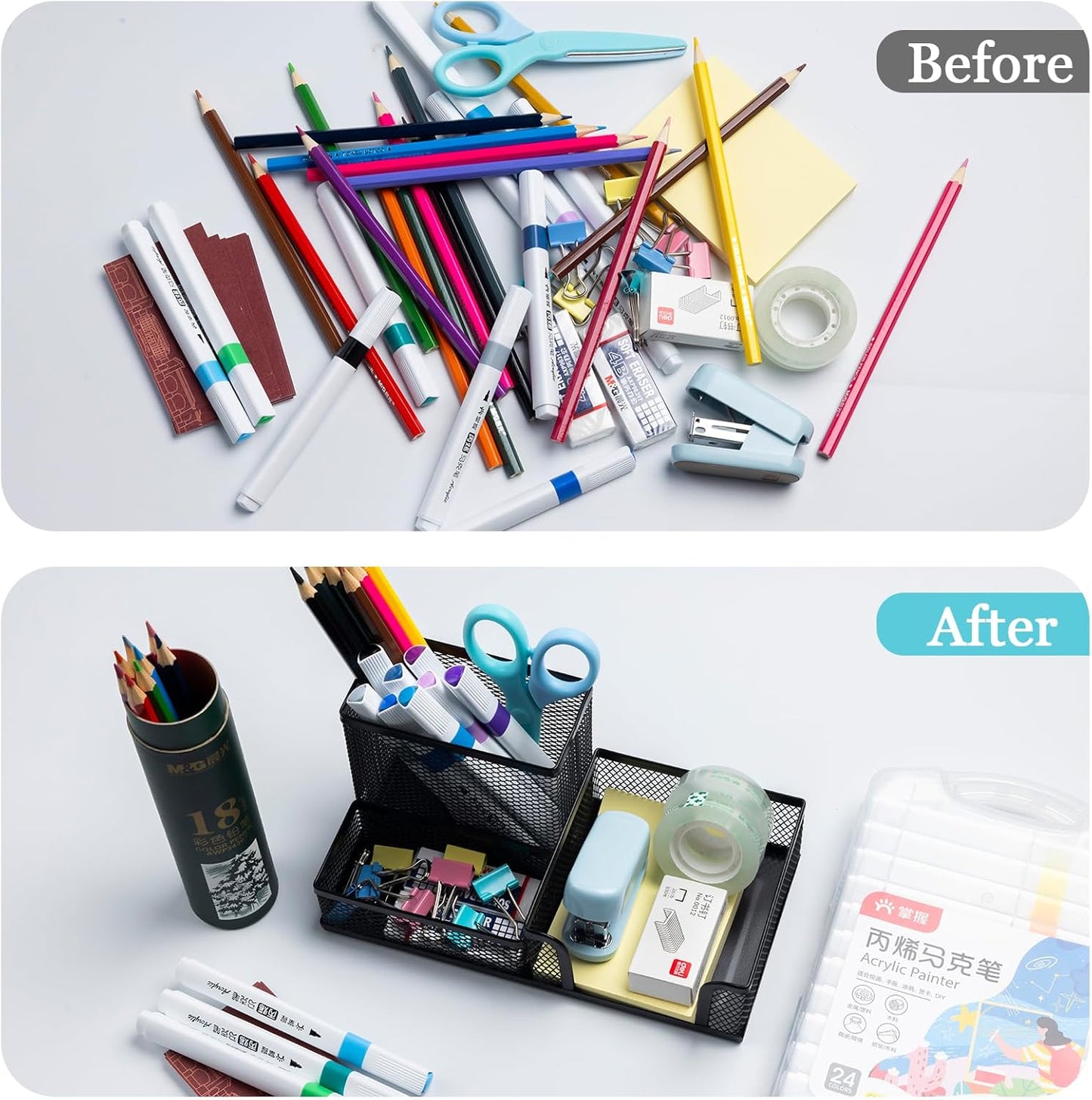 Mesh Pen Holder Desktop Organizers Pencil Holder for Desk Black 3 Compartments Metal Office Supply Organizer with Sticky Notes Holder forOffice Desk Accessories