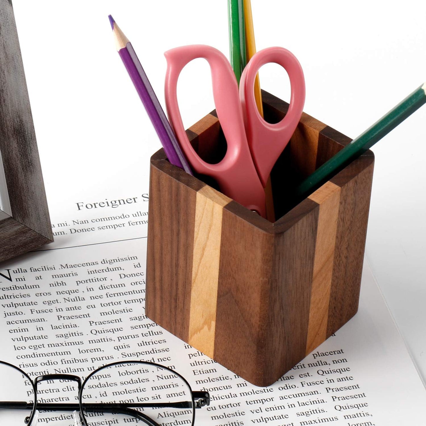 Natural Wood Desk Pen Holder Pencil Organizer Desktop Office Pencils Stand Holder Simple(Cherry center walnut side)