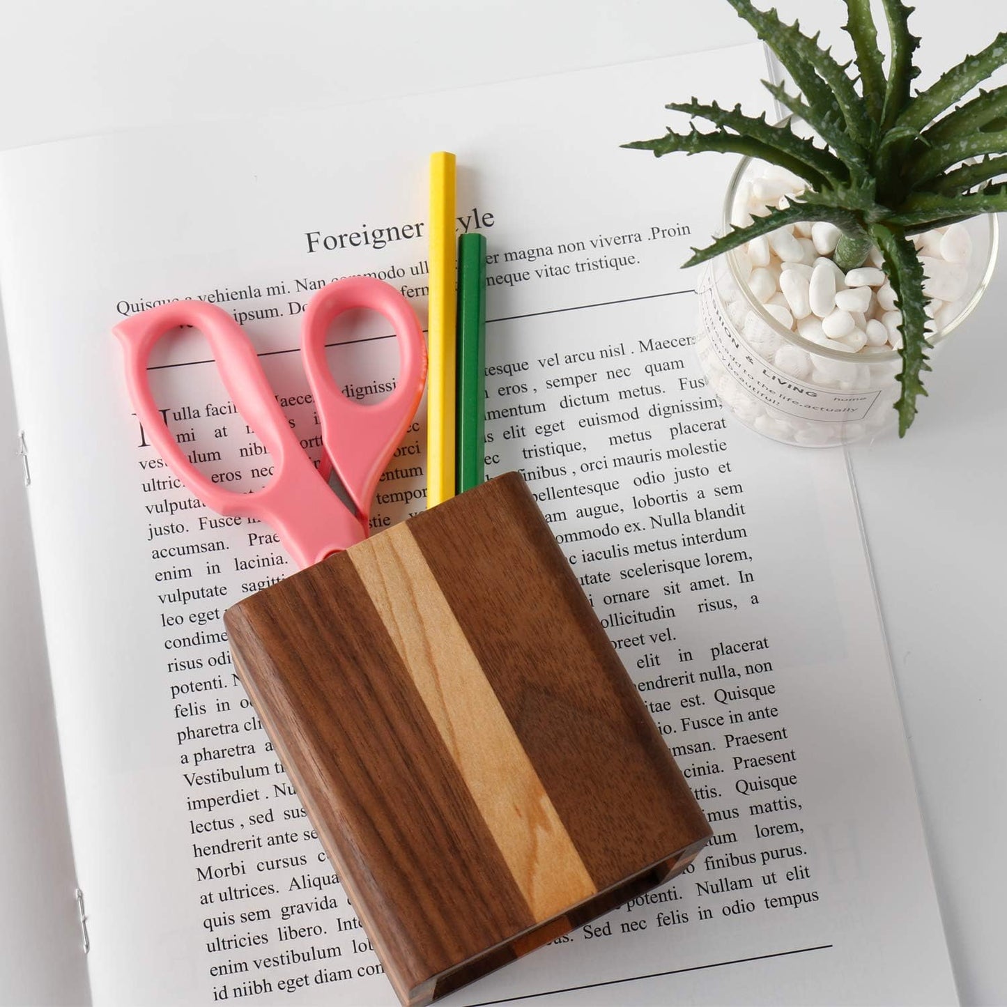 Natural Wood Desk Pen Holder Pencil Organizer Desktop Office Pencils Stand Holder Simple(Cherry center walnut side)