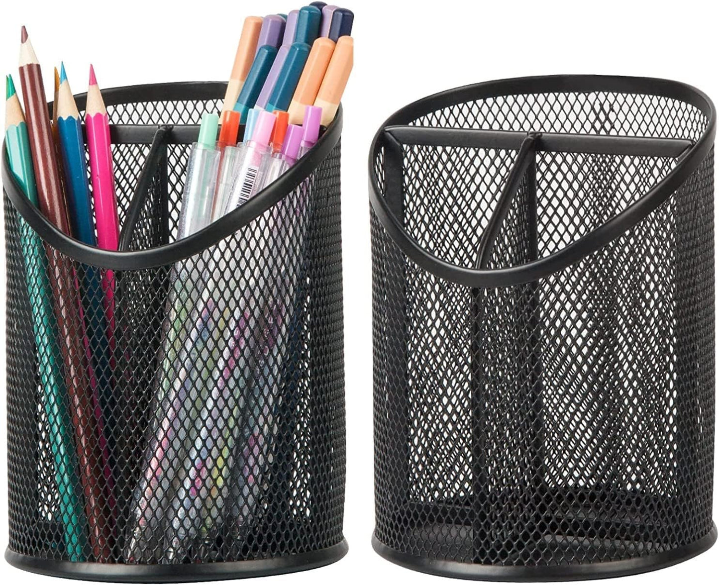 2 Pack Pen Holder - Mesh Round Pencil Organizer with 3 Compartments for Office, Home, School - Black