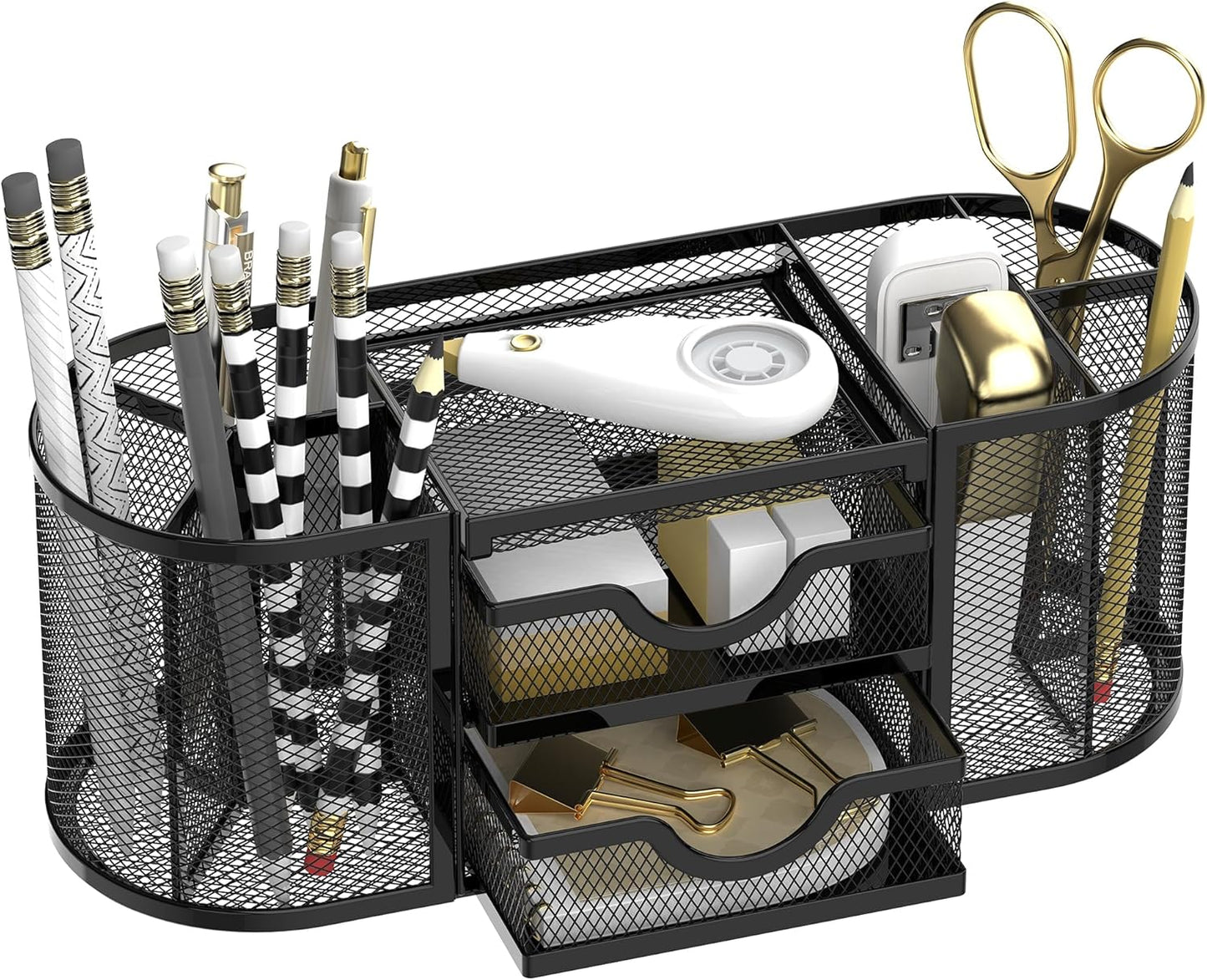 Mesh Desk Organizer, Desk Organizers and Accessories, Pen Holder with Drawers, Pencil Holder for Desk with 2 Drawer for Office Supplies, Black