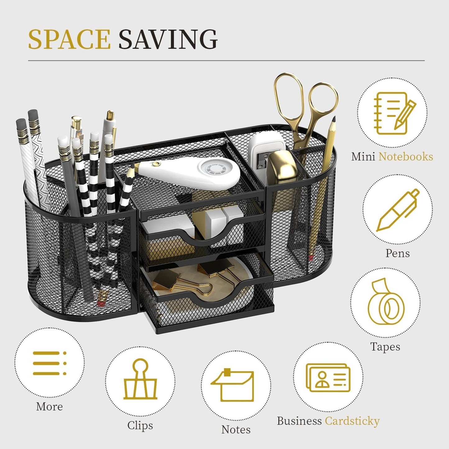 Mesh Desk Organizer, Desk Organizers and Accessories, Pen Holder with Drawers, Pencil Holder for Desk with 2 Drawer for Office Supplies, Black