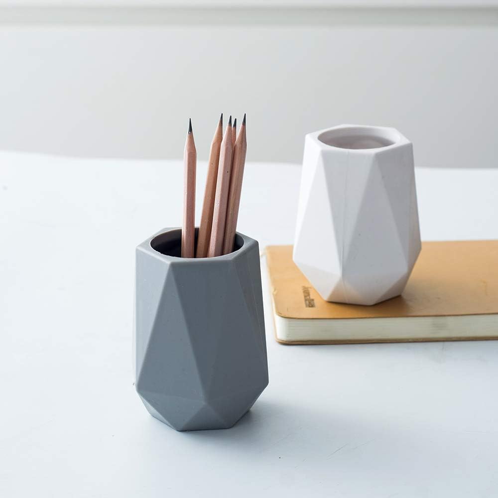 Silicone Pen Holder Stand for Desk Cute Geometric Desk Pencil Cup Pot Desktop Organizer Makeup Brush Holder (White)