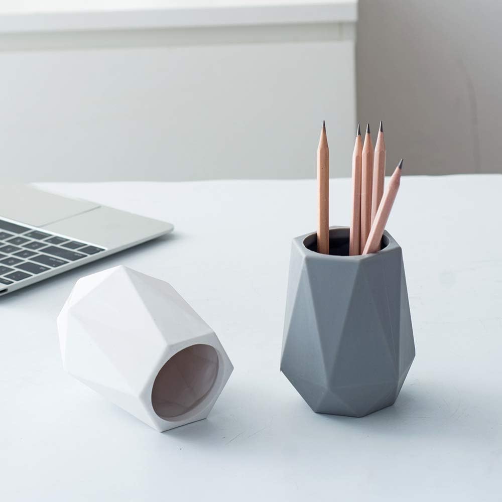 Silicone Pen Holder Stand for Desk Cute Geometric Desk Pencil Cup Pot Desktop Organizer Makeup Brush Holder (White)