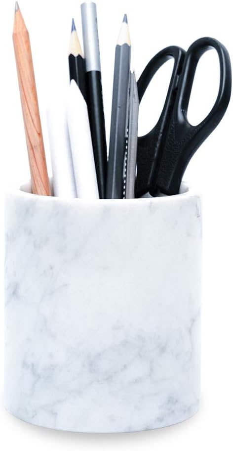Natural Marble Pencil Pen Holder Stand for Desk, Makeup Brush Cup for Girls, Bathroom Tumbler Cup, Durable Office & Home Organizer Pencil Holder (White)
