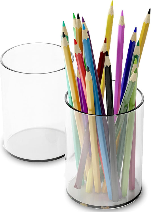 Acrylic Pen Holder, 2 Pack Desktop Pencil Cup Stationery Organizer for Office Desk Accessory, Round Makeup Brush Srotage for Home, Cutlery Storage Organizer (Clear, 2 Pack)