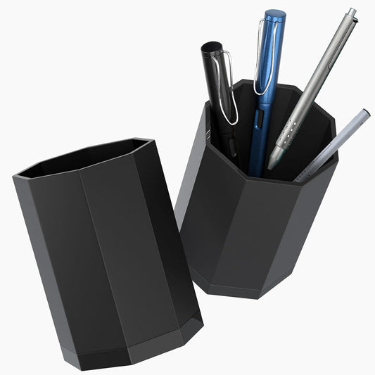 Acrylic Pen Holder for Desk: Pencil Organizer for Home Office Storage Octagon Design Black 2 Pack