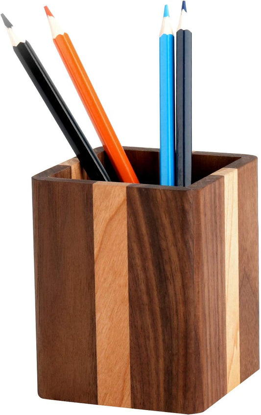 Natural Wood Desk Pen Holder Pencil Organizer Desktop Office Pencils Stand Holder Simple(Cherry center walnut side)