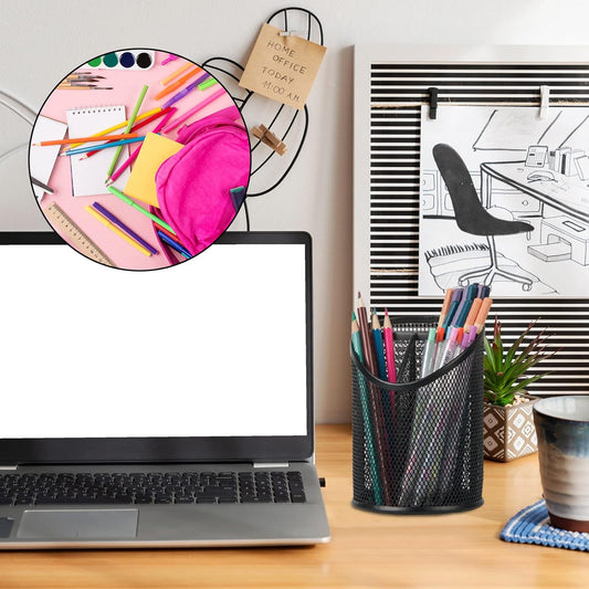 2 Pack Pen Holder - Mesh Round Pencil Organizer with 3 Compartments for Office, Home, School - Black