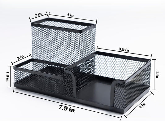 Mesh Pen Holder Desktop Organizers Pencil Holder for Desk Black 3 Compartments Metal Office Supply Organizer with Sticky Notes Holder forOffice Desk Accessories