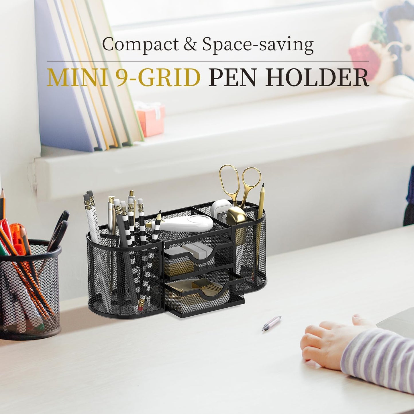Mesh Desk Organizer, Desk Organizers and Accessories, Pen Holder with Drawers, Pencil Holder for Desk with 2 Drawer for Office Supplies, Black
