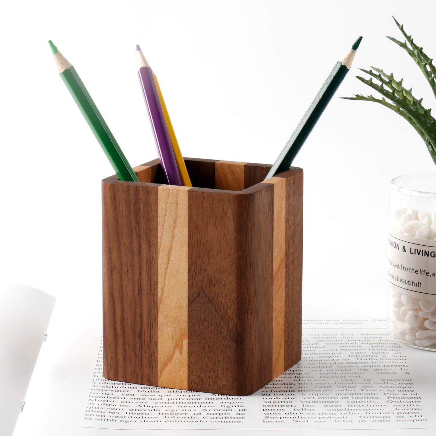 Natural Wood Desk Pen Holder Pencil Organizer Desktop Office Pencils Stand Holder Simple(Cherry center walnut side)