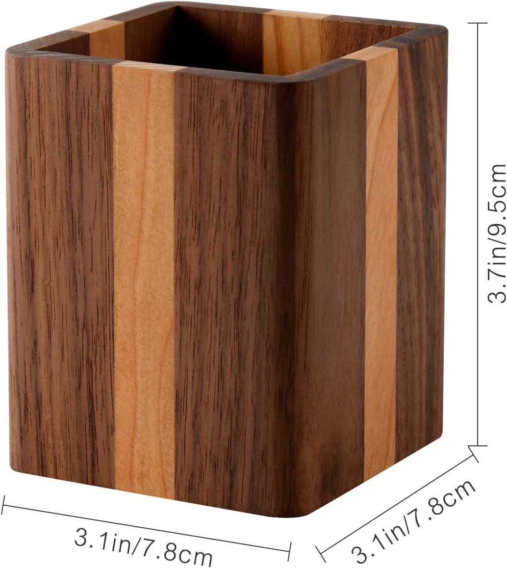 Natural Wood Desk Pen Holder Pencil Organizer Desktop Office Pencils Stand Holder Simple(Cherry center walnut side)