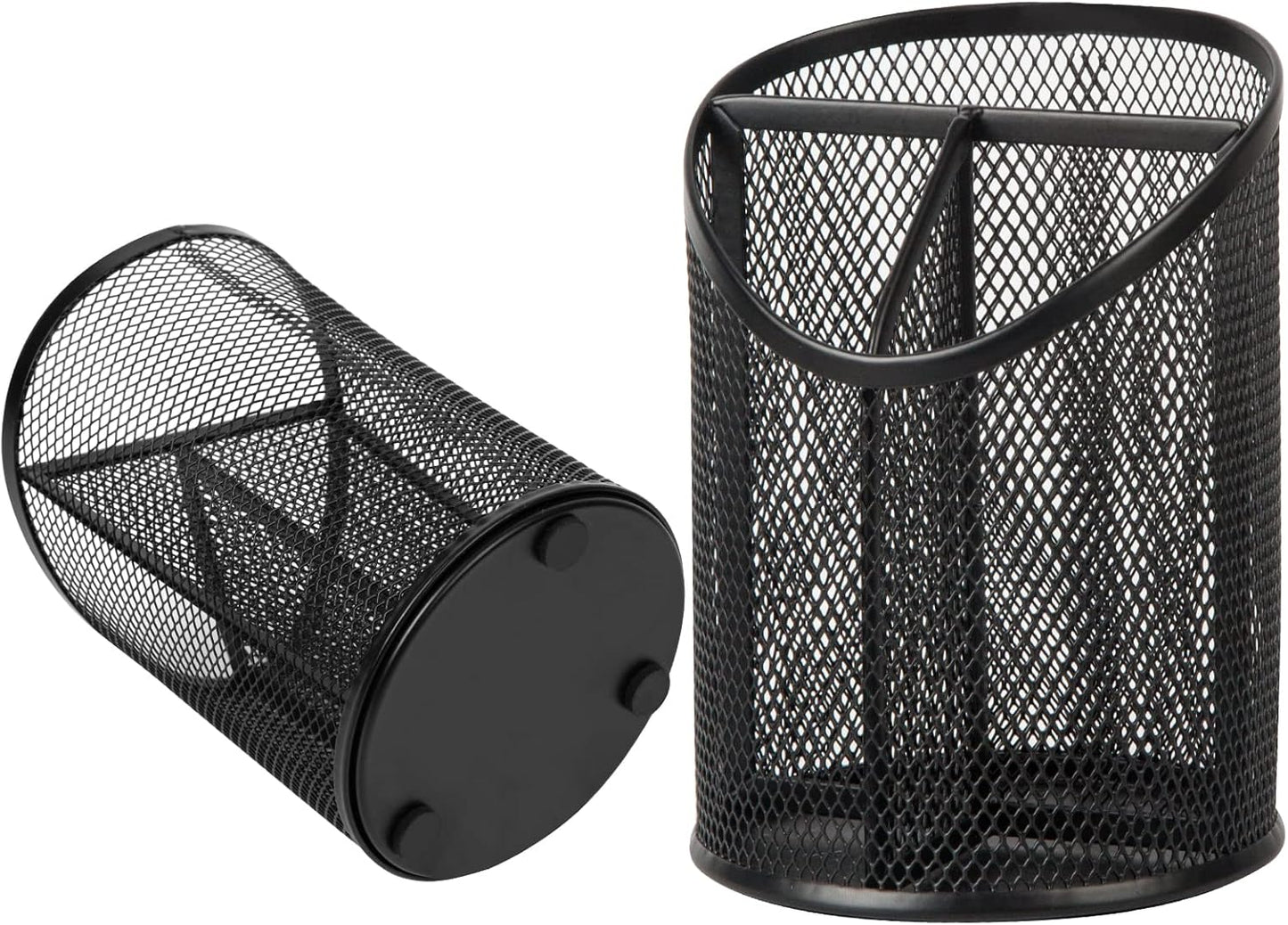 2 Pack Pen Holder - Mesh Round Pencil Organizer with 3 Compartments for Office, Home, School - Black